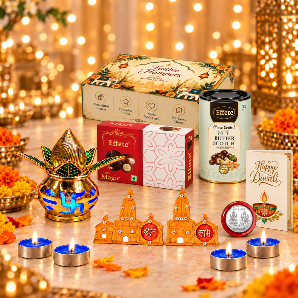 A Diwali gift hamper with chocolates, nut butterscotch, a golden diya, and tealights, surrounded by warm bokeh lights.