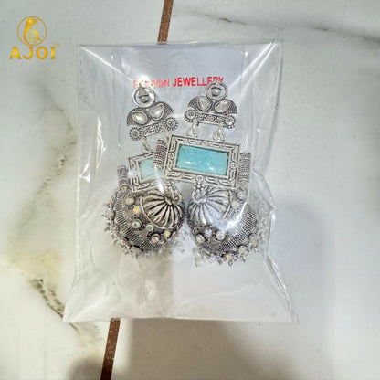 Heritage Royal Oxidized Silver Jhumka Earrings with Aqua Stone Earring