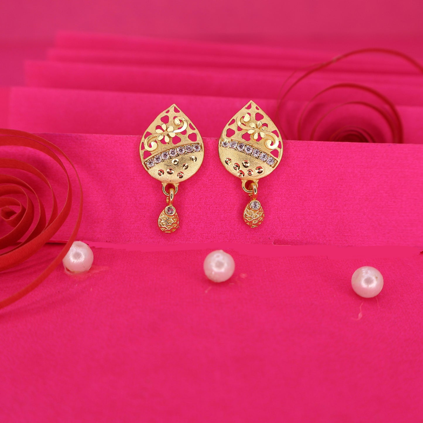 Gold Plated Filigree Drop Earrings with AD for women and girls