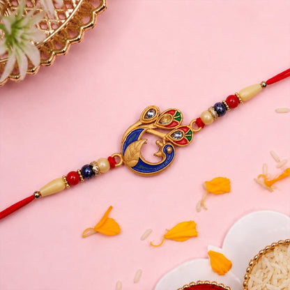 Vibrant Peacock Meenakari Rakhi with intricate design and comfortable beaded thread.