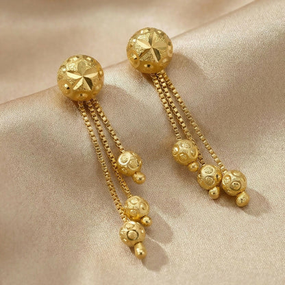 Heart Motif Designer Gold Earrings With Stone Line Work And Elegant Hanging Drop