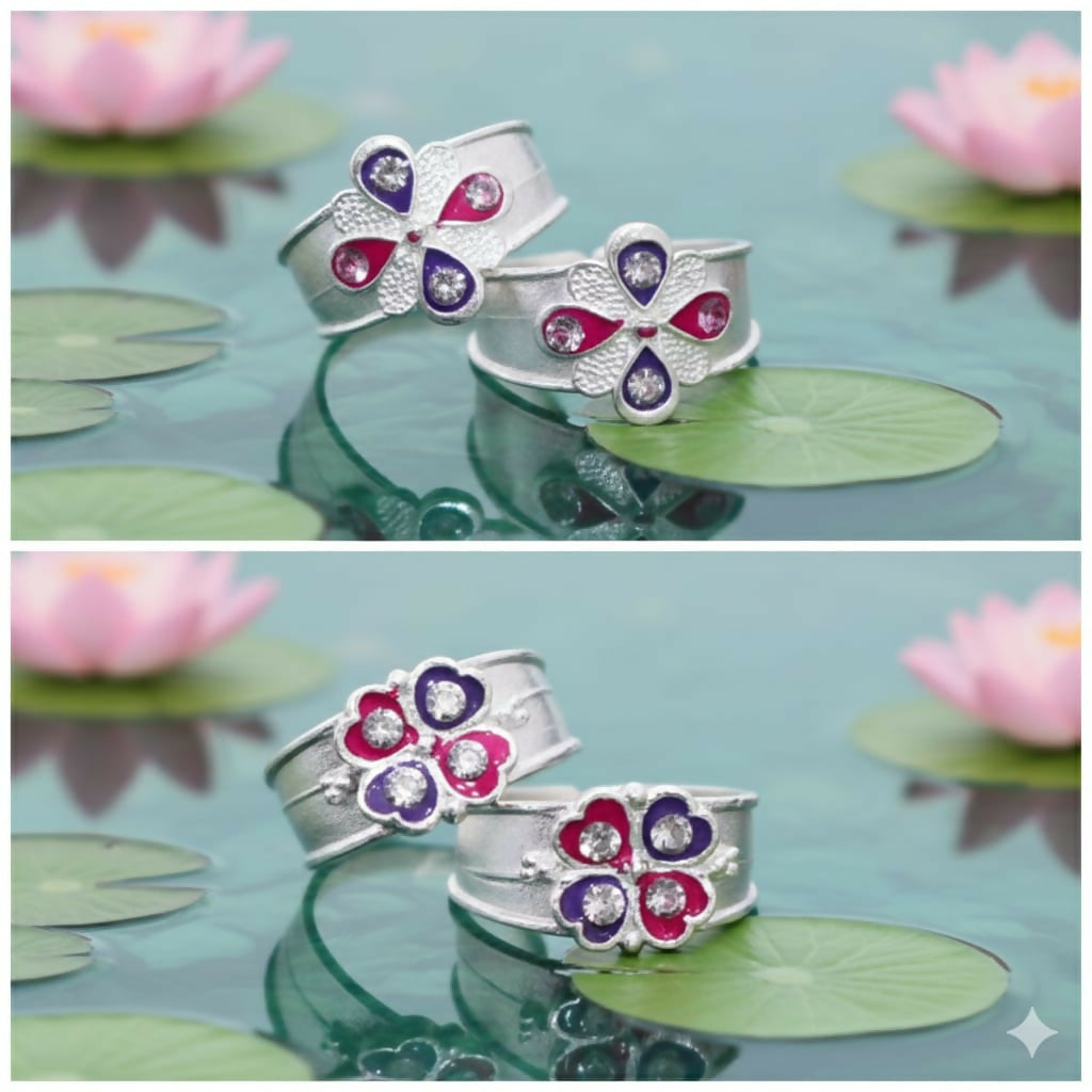 Floral Enamel Silver-Plated Toe Rings Bichiya for woman and girl Combo Pack of 2