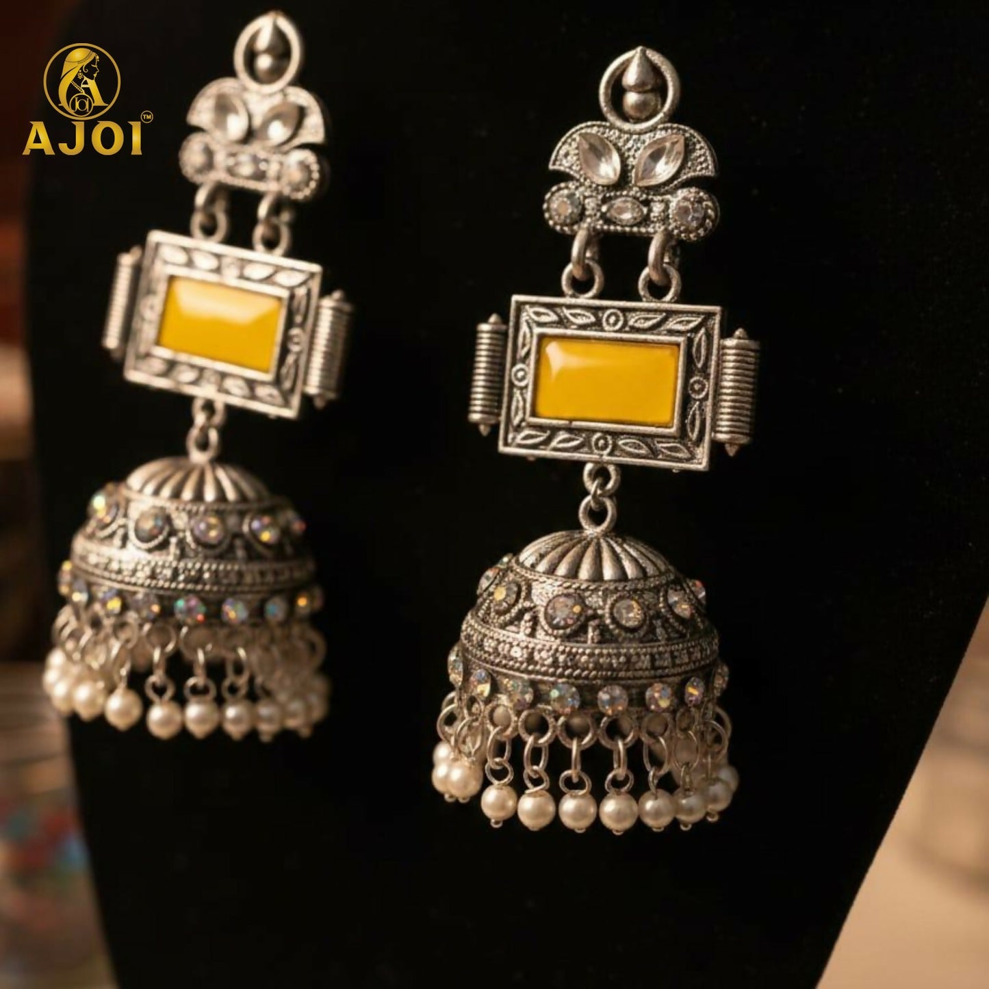 Traditional Oxidized Silver Jhumka Earrings with Yellow Stone & Pearl Hanging.