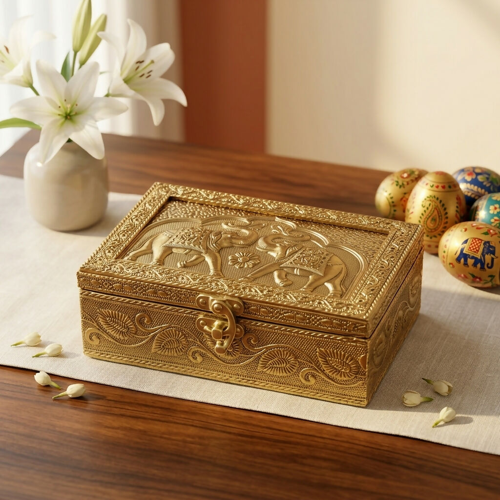 Close-up of elephant and floral filigree embossing on brass box