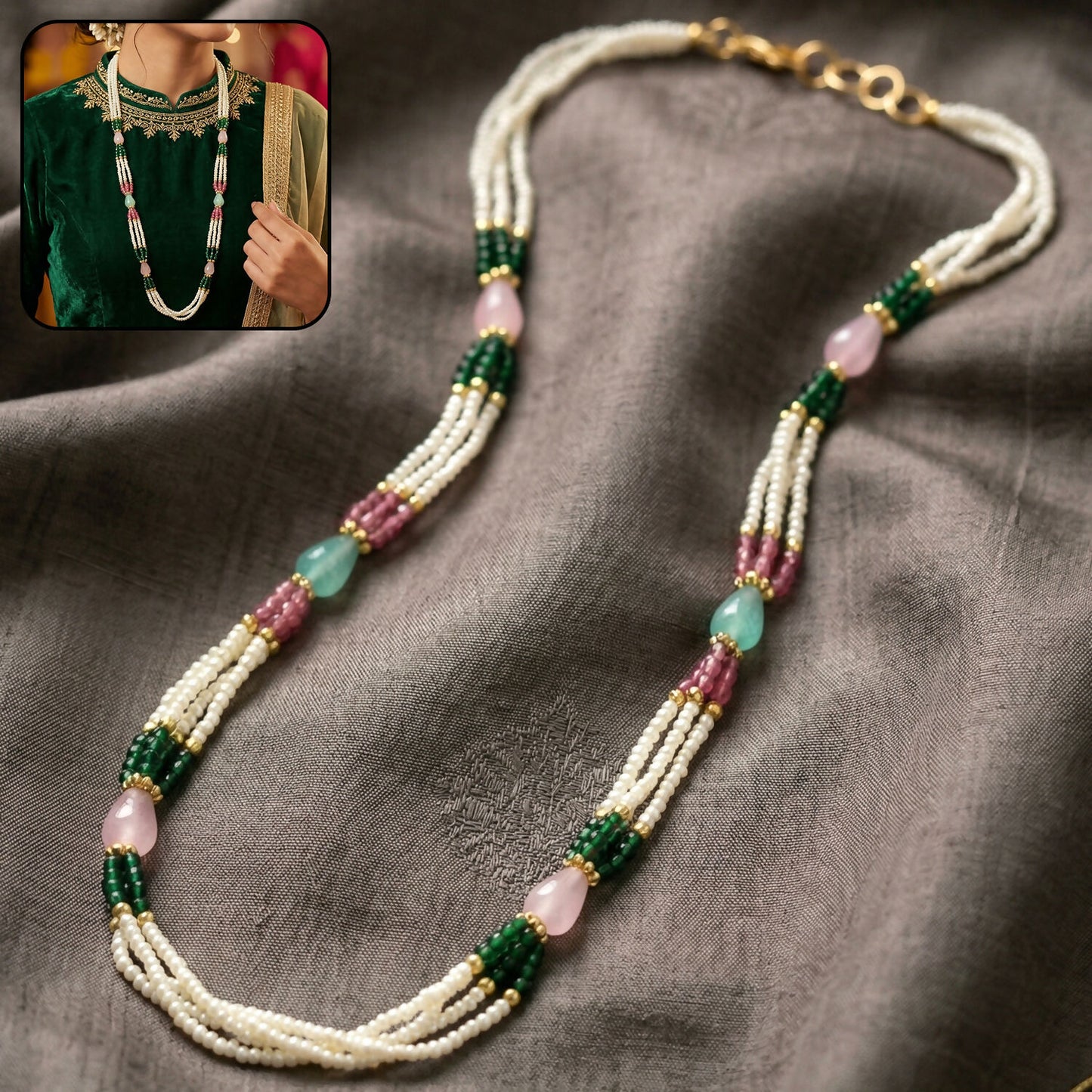 Multi-layer pearl necklace with green, pink, and pastel stone accents