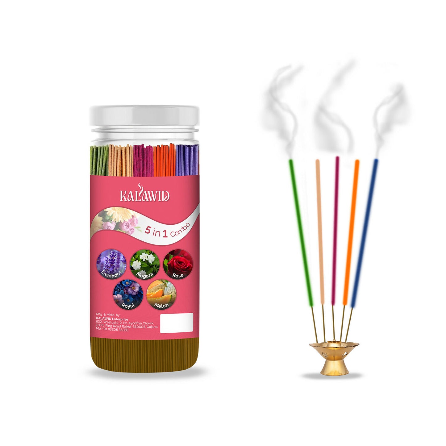 Premium Agarbatti 5 In 1 Combo with Lavender, Mogara, Rose, Royal, Melon Fragrances for Long Lasting Aroma (400 Gm)