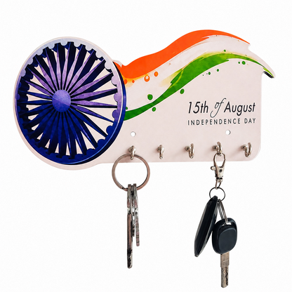 Close-up of the Ashoka Chakra design on the wooden key holder