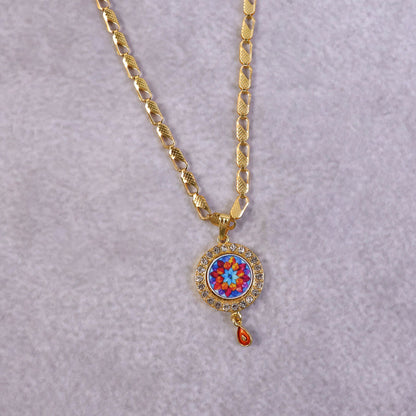 Elegant Multicolor Floral Gold Pendant Necklace with Stone Border
