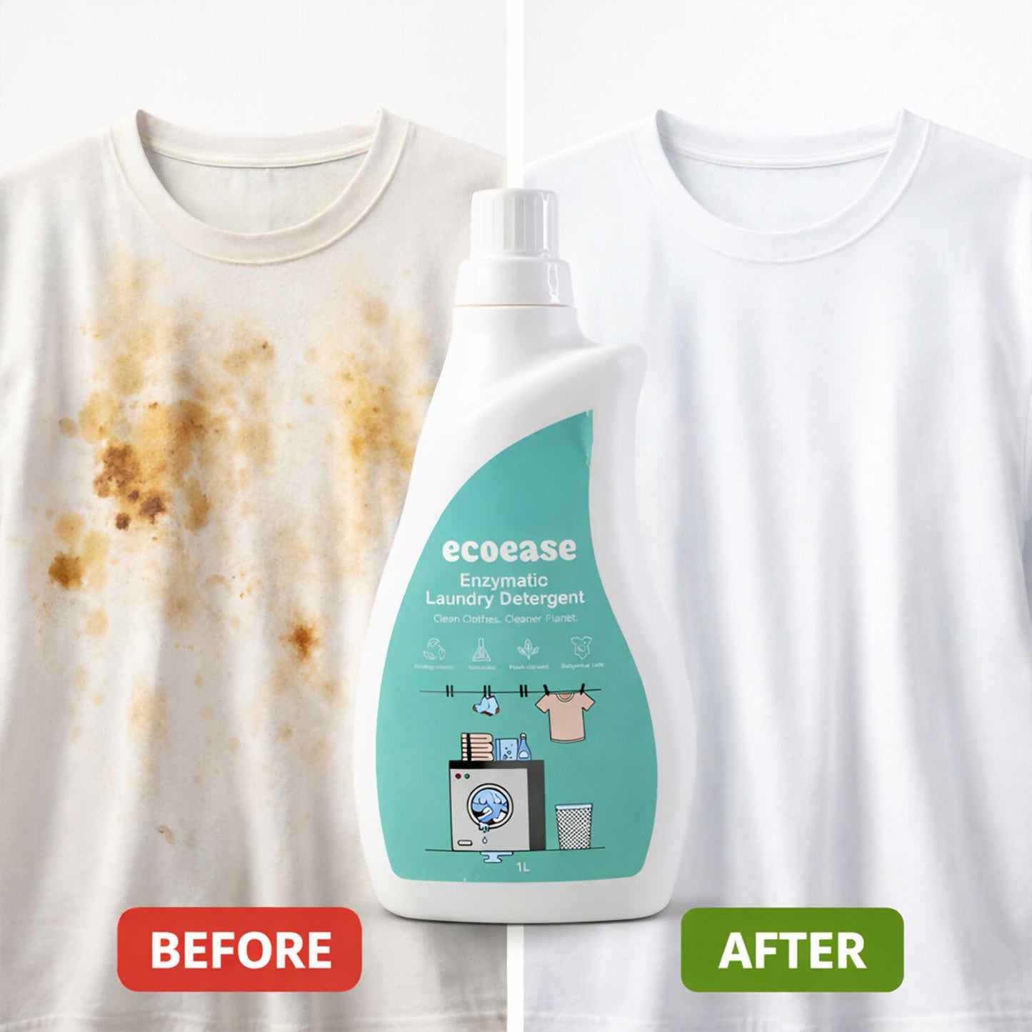 Ecoease Enzymatic Laundry Detergent Liquid, Plant Based Enzyme Powered Tough on Stains, (1L)