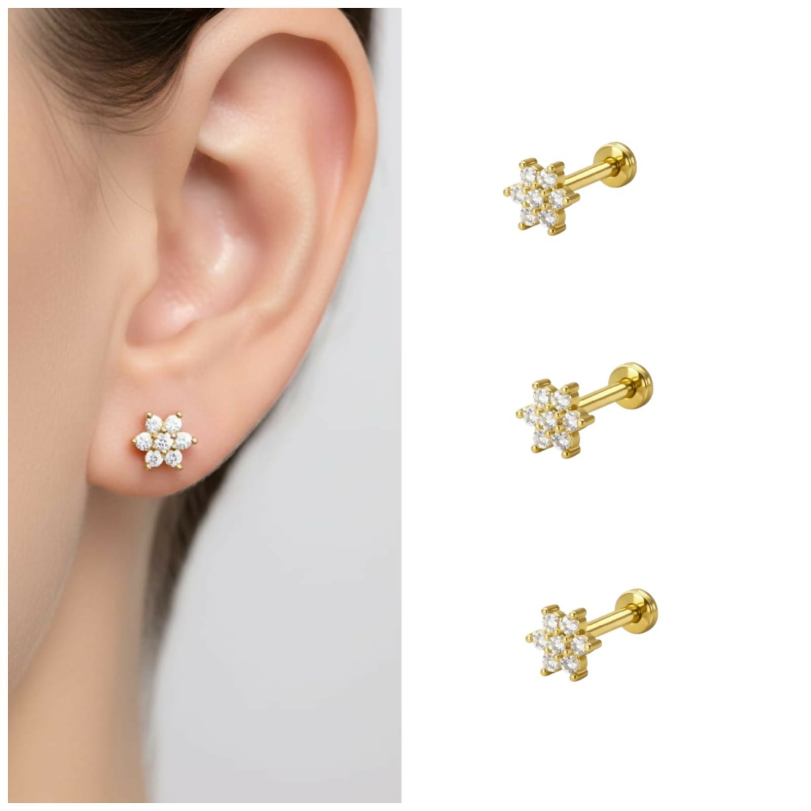 Gold plated crystal flower labret earrings with flat-back stud design
