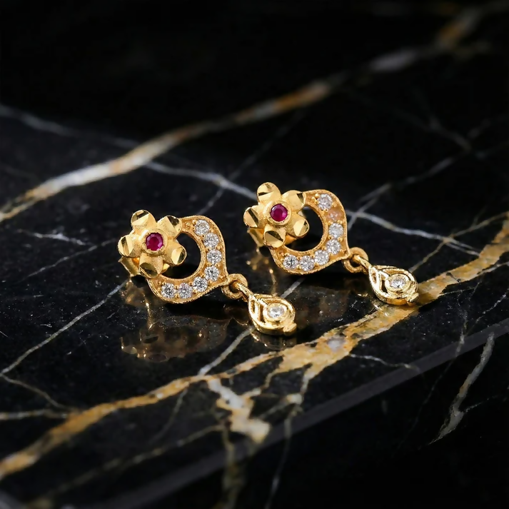 Elegant Gold Plated Stud Earrings with Ruby Accent & Drop Design