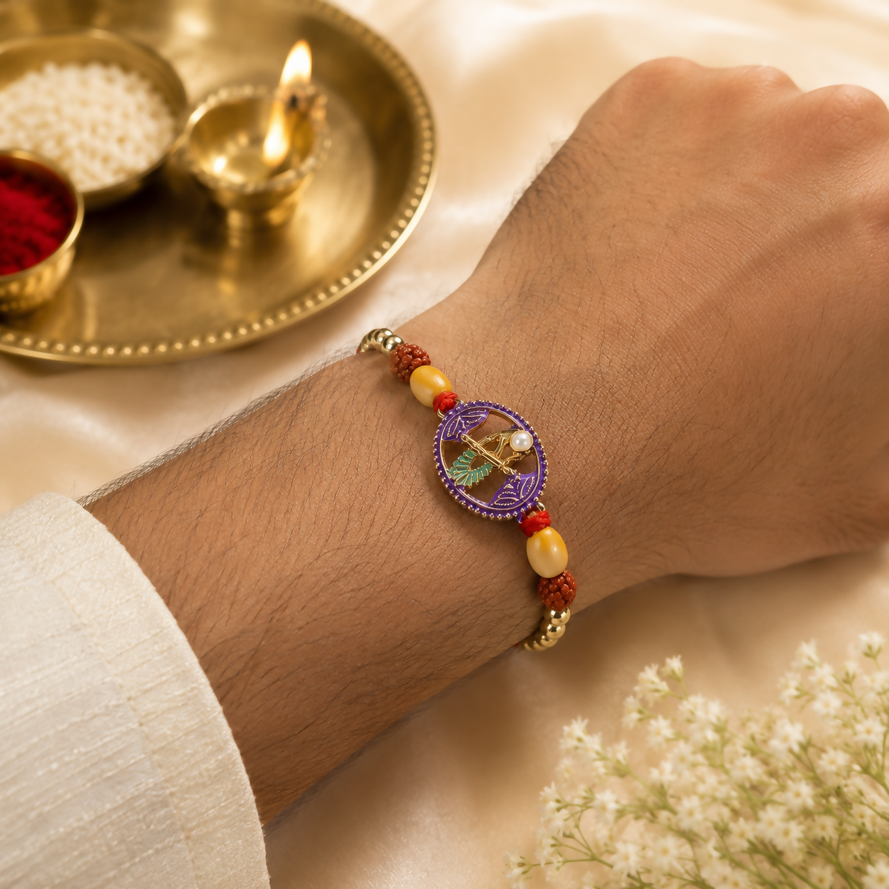 A man's arm wears a red thread bracelet with a purple oval charm and gold and rudraksha beads, with a lit lamp and rice in
