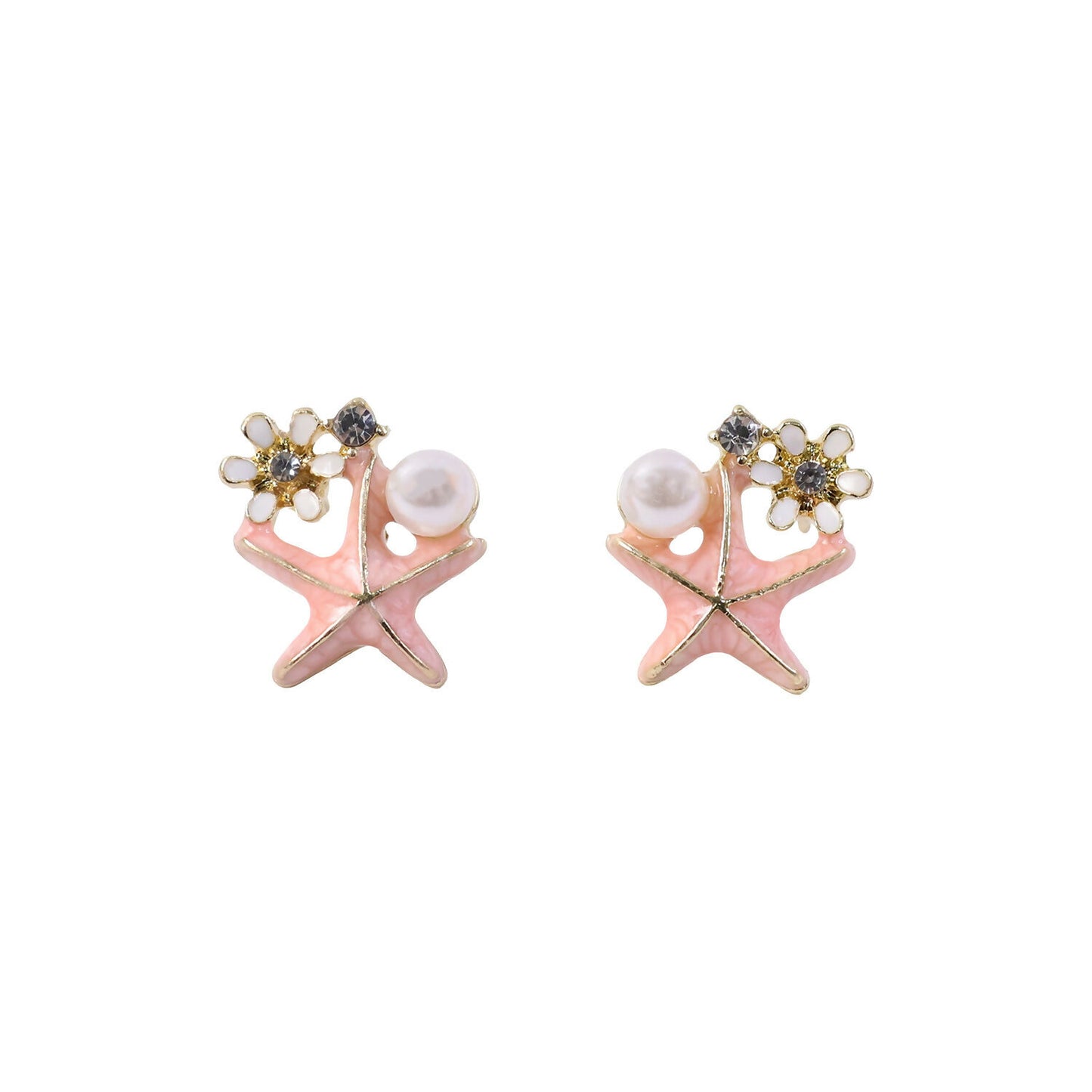 Pink starfish pearl stud earrings on white background