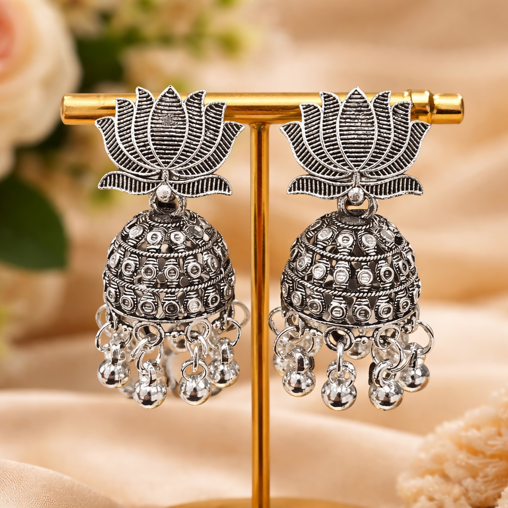 Stunning Pair Oxidised Silver Lotus Jhumka Earrings