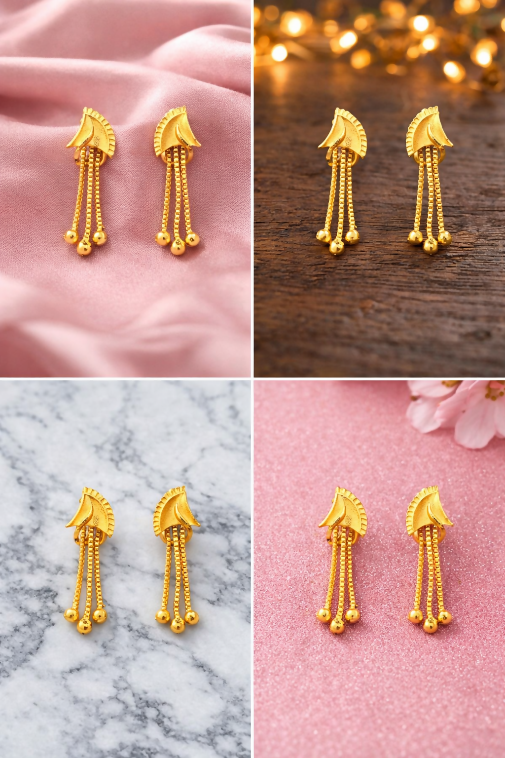 Pair of golden drop earrings with sparkling center stone