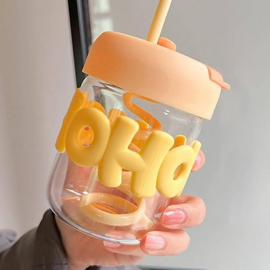 HOHO Cute Glass Milk Jar with Straw & Silicone Lid | 400ml Leakproof Reusable Smoothie Cup | Aesthetic Mason Jar Tumbler for Milk, Juice & Coffee | Pastel Yellow Silicone Grip | Eco-Friendly Glass Cup