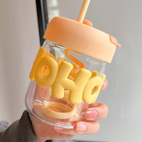 HOHO Cute Glass Milk Jar with Straw & Silicone Lid | 400ml Leakproof Reusable Smoothie Cup | Aesthetic Mason Jar Tumbler for Milk, Juice & Coffee | Pastel Yellow Silicone Grip | Eco-Friendly Glass Cup
