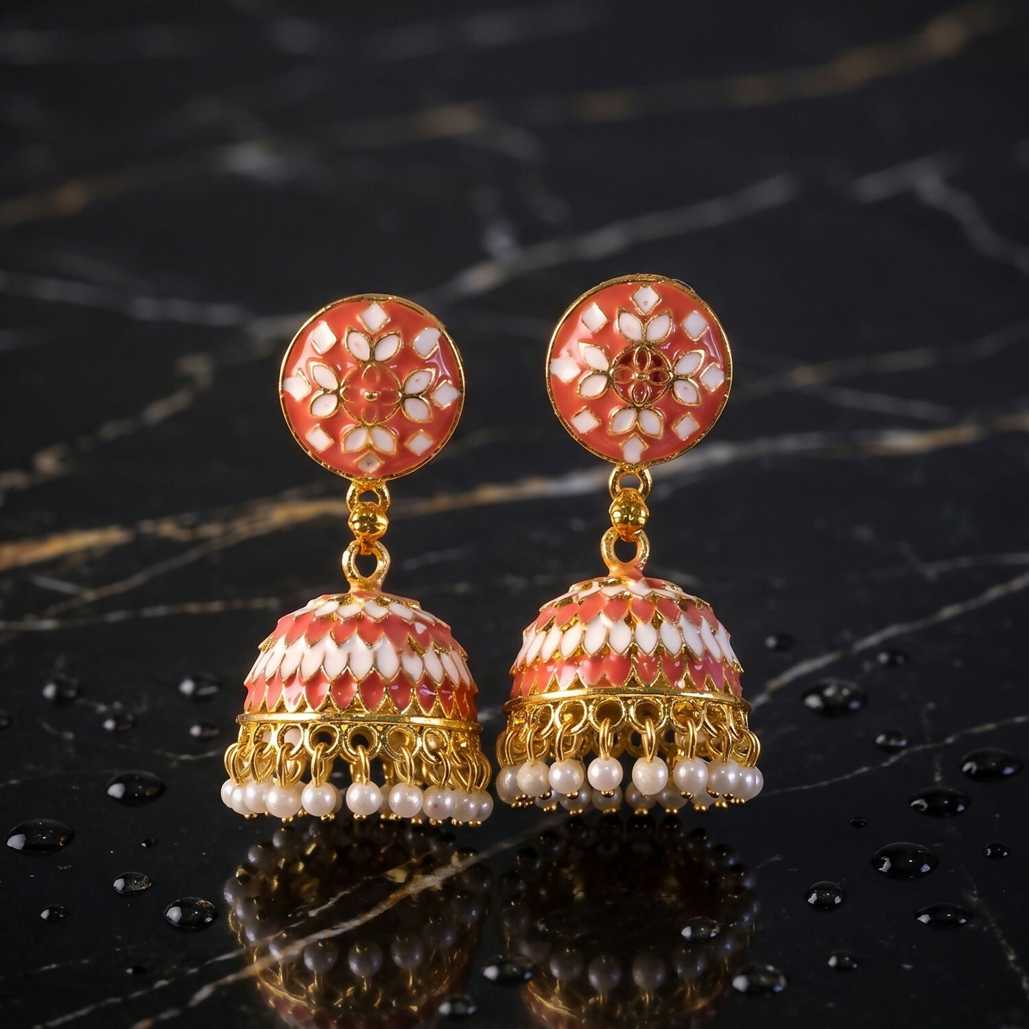 Peach Round Stud Jhumka Earrings with Pearl Drops