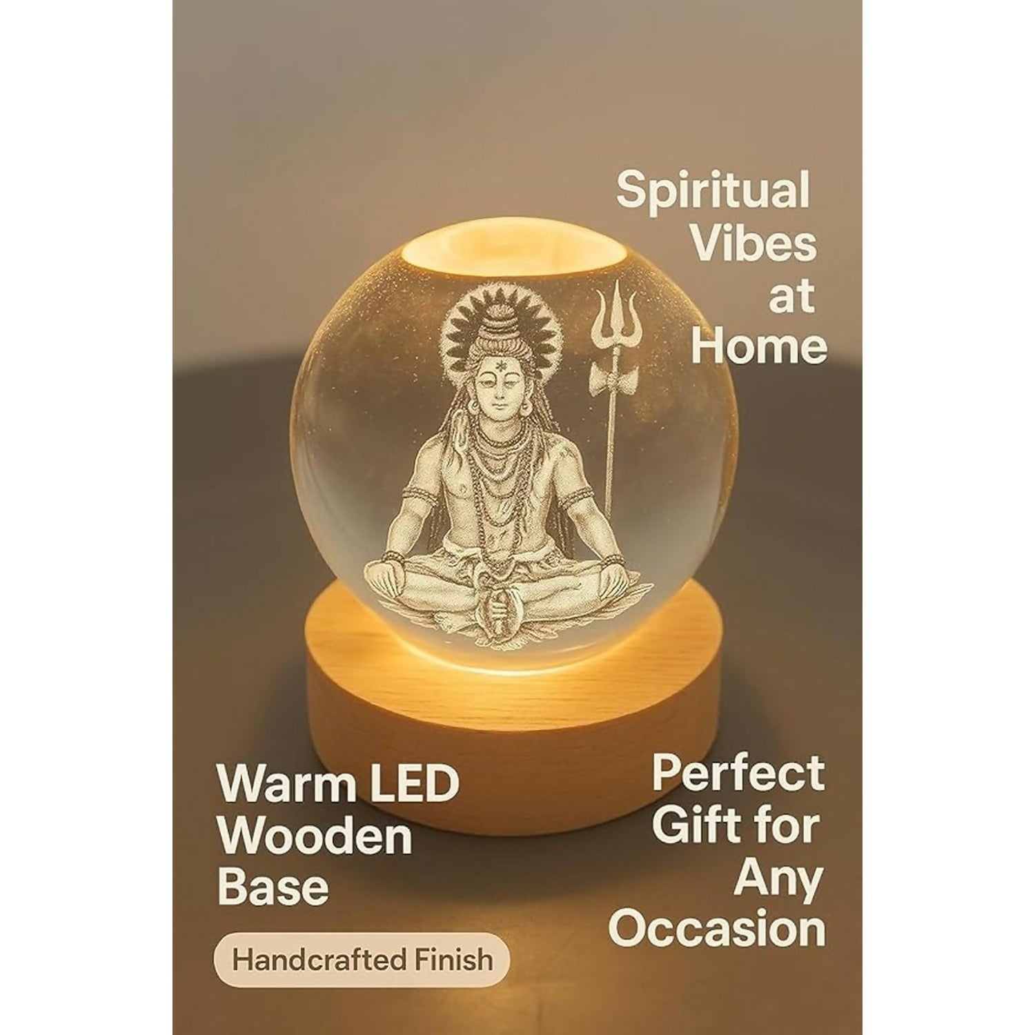 Lord Shiva 3D Crystal Ball Night Lamp with Wooden LED Base for Home Decor