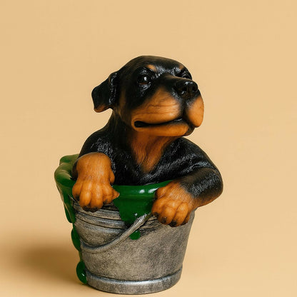 Premium Cute Puppy in Bucket Resin Showpiece for Home Décor | Hand-Painted Dog Figurine with Silver Bucket & Green Spill Design | Tabletop Decorative Statue for Living Room, Bedroom, Office & Gifting