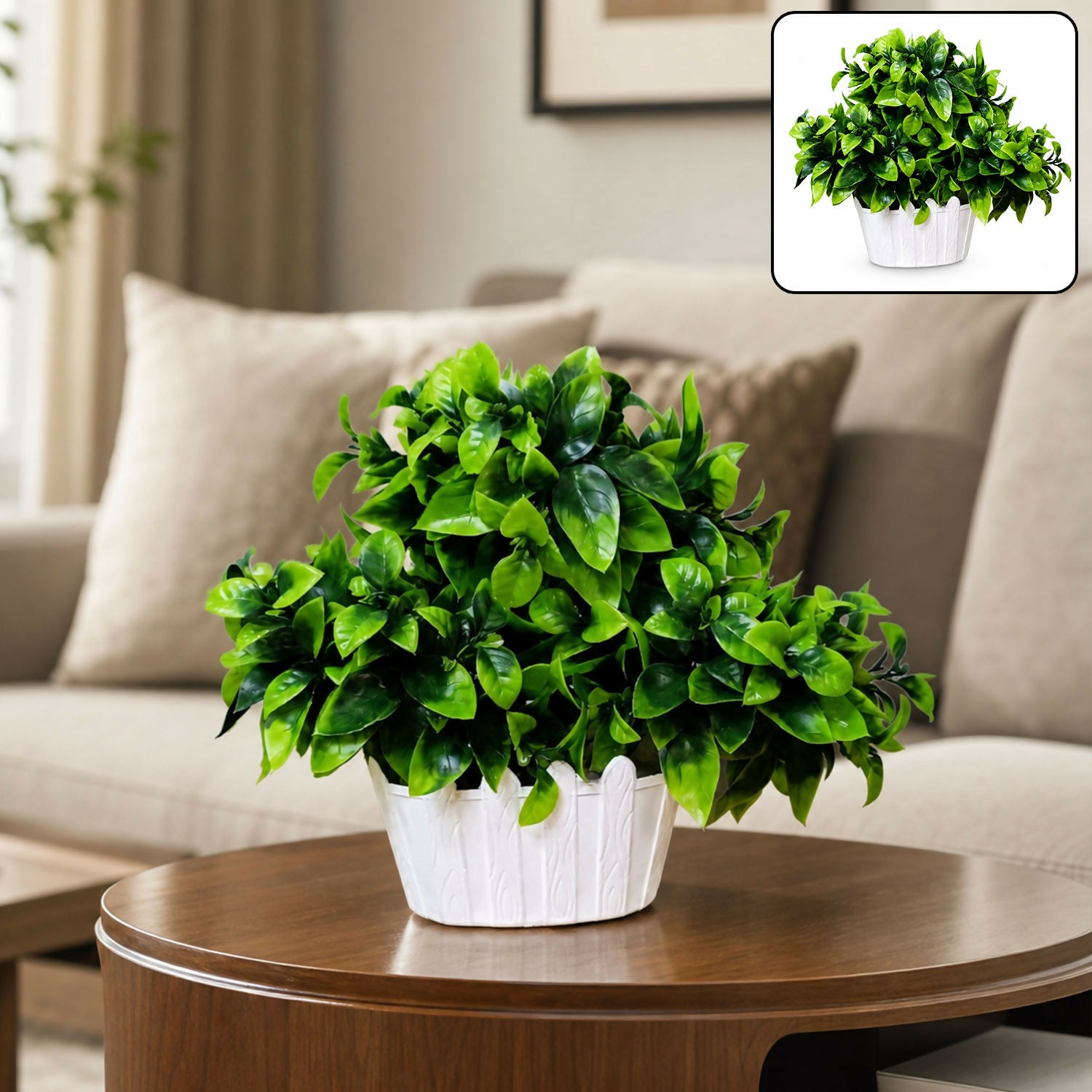 Artificial Green Leaf Bushy Bonsai Plant in White Wood Texture Oval Pot Home Decor
