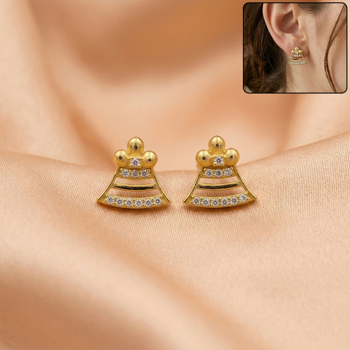 Square Floral Gold Stud Earrings with Crystal Leaf Design