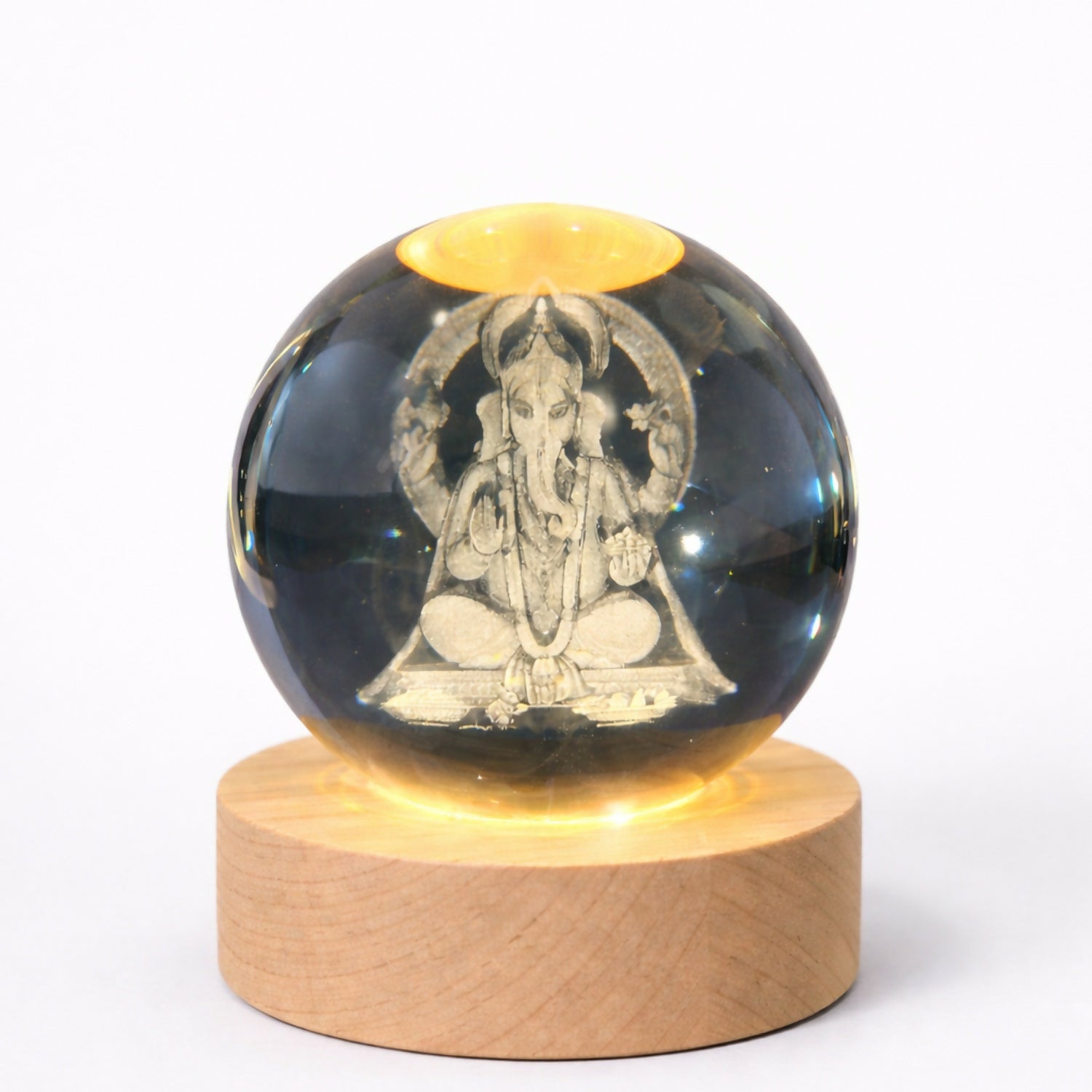 3D Crystal Ganesh Night Lamp with Wooden Base, USB Powered Decorative Light