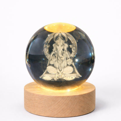 3D Crystal Ganesh Night Lamp with Wooden Base, USB Powered Decorative Light