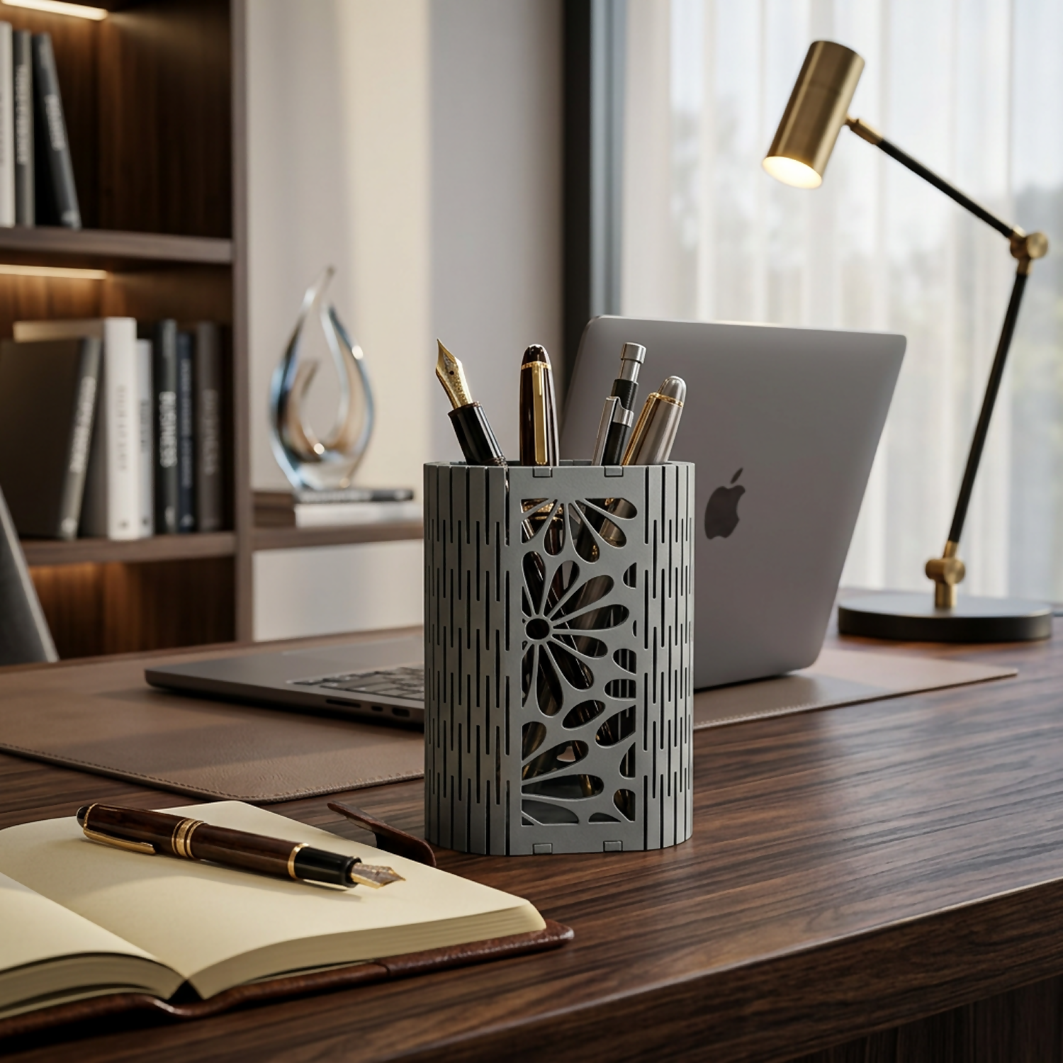 Side profile of the elegant MDF Floral Mesh Pen Holder with pens and pencils.