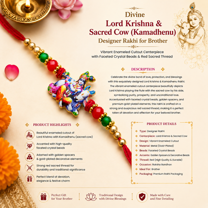 A red thread with a colorful Bal Gopal Krishna and cow charm, flanked by red, green, and gold beads, is displayed on a light