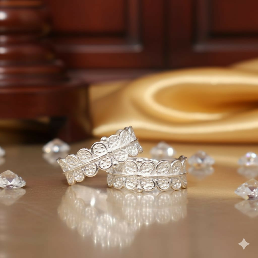 Silver plated scalloped lace adjustable toe ring front view