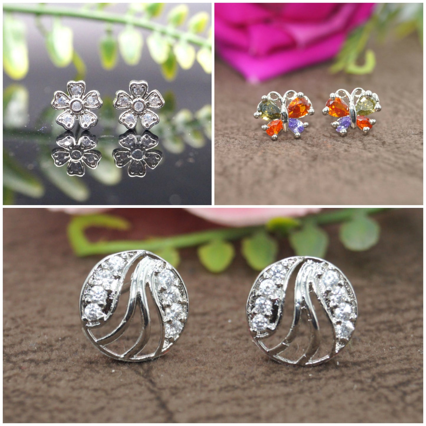 Zircon stud earrings set featuring flower, butterfly and round cluster designs