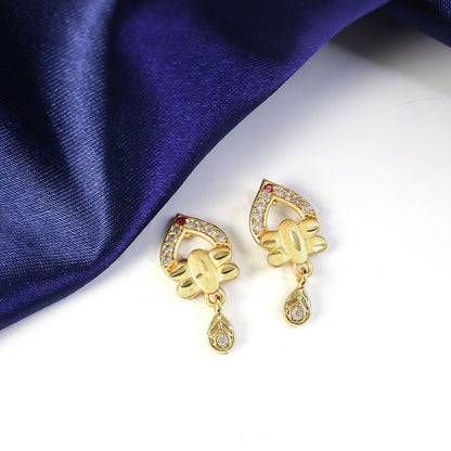 Modern Floral Gold Finish Stud Earrings With Polished Texture And Drop Accent