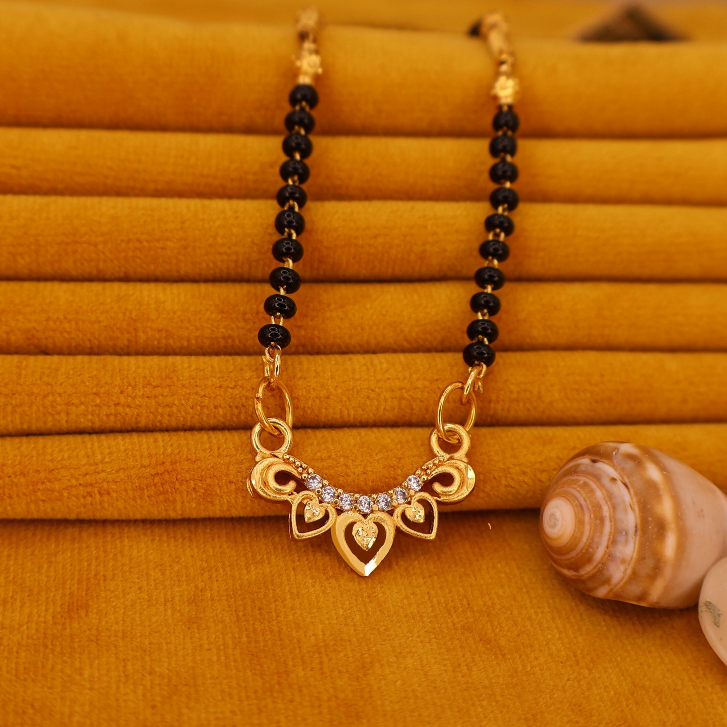 Gold Plated Heart Pendant Mangalsutra with Black Beads