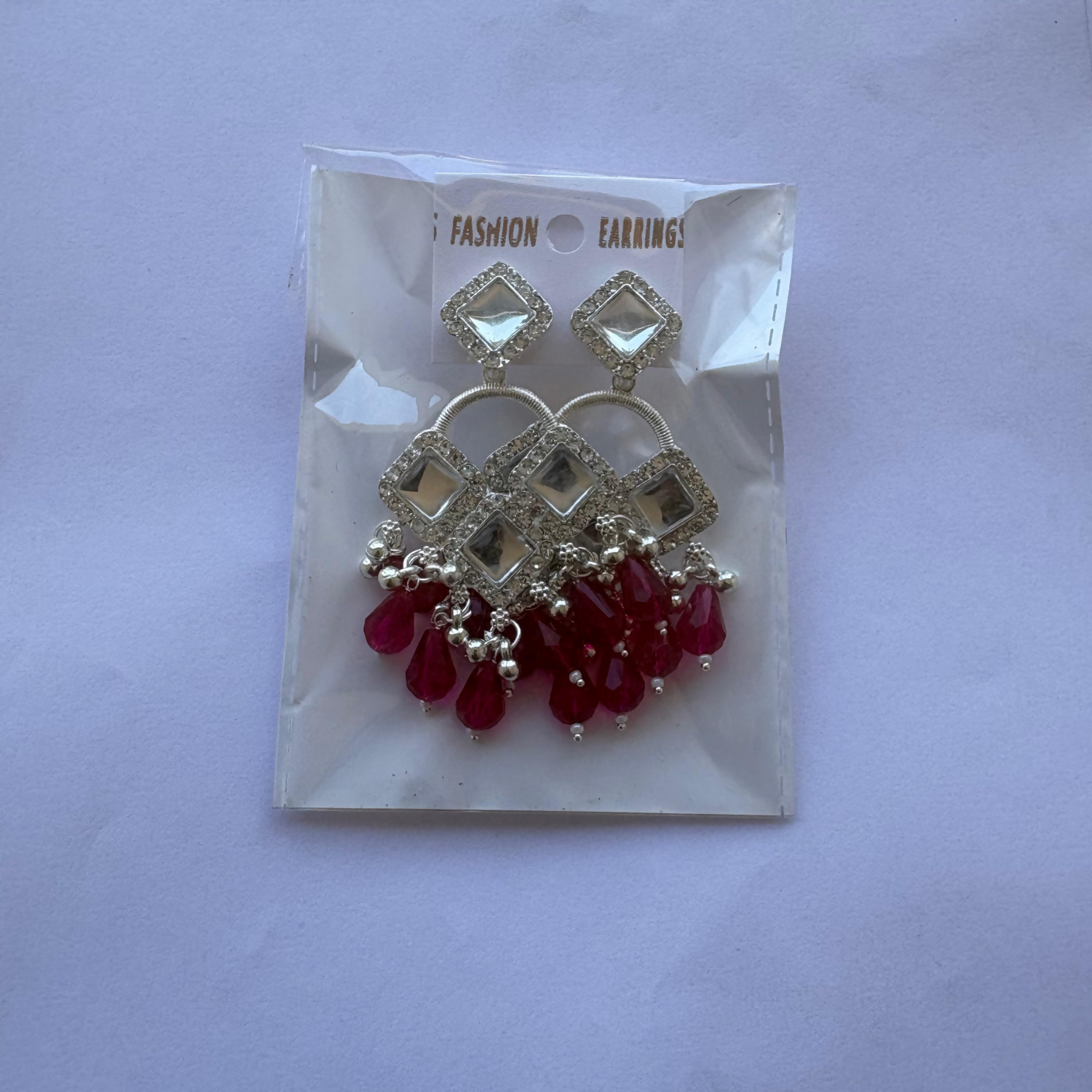 Elegant Silver Plated Chandelier Earrings Featuring Square Crystals and Dark Pink Teardrop Beads