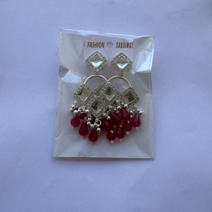 Elegant Silver Plated Chandelier Earrings Featuring Square Crystals and Dark Pink Teardrop Beads