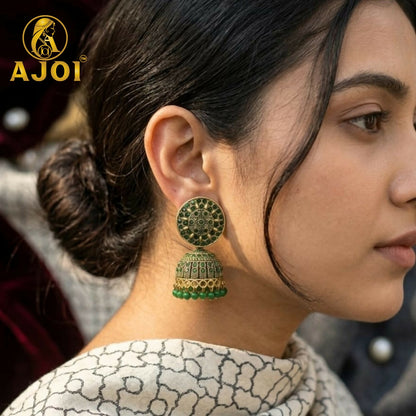 Antique Gold Green Stone Jhumka Earrings Traditional Ethnic Jewelry