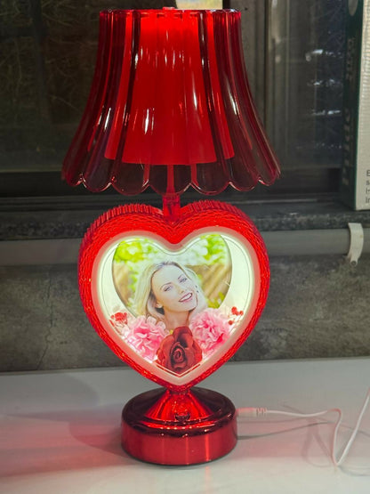 Decorative heart photo table lamp with shade on side table