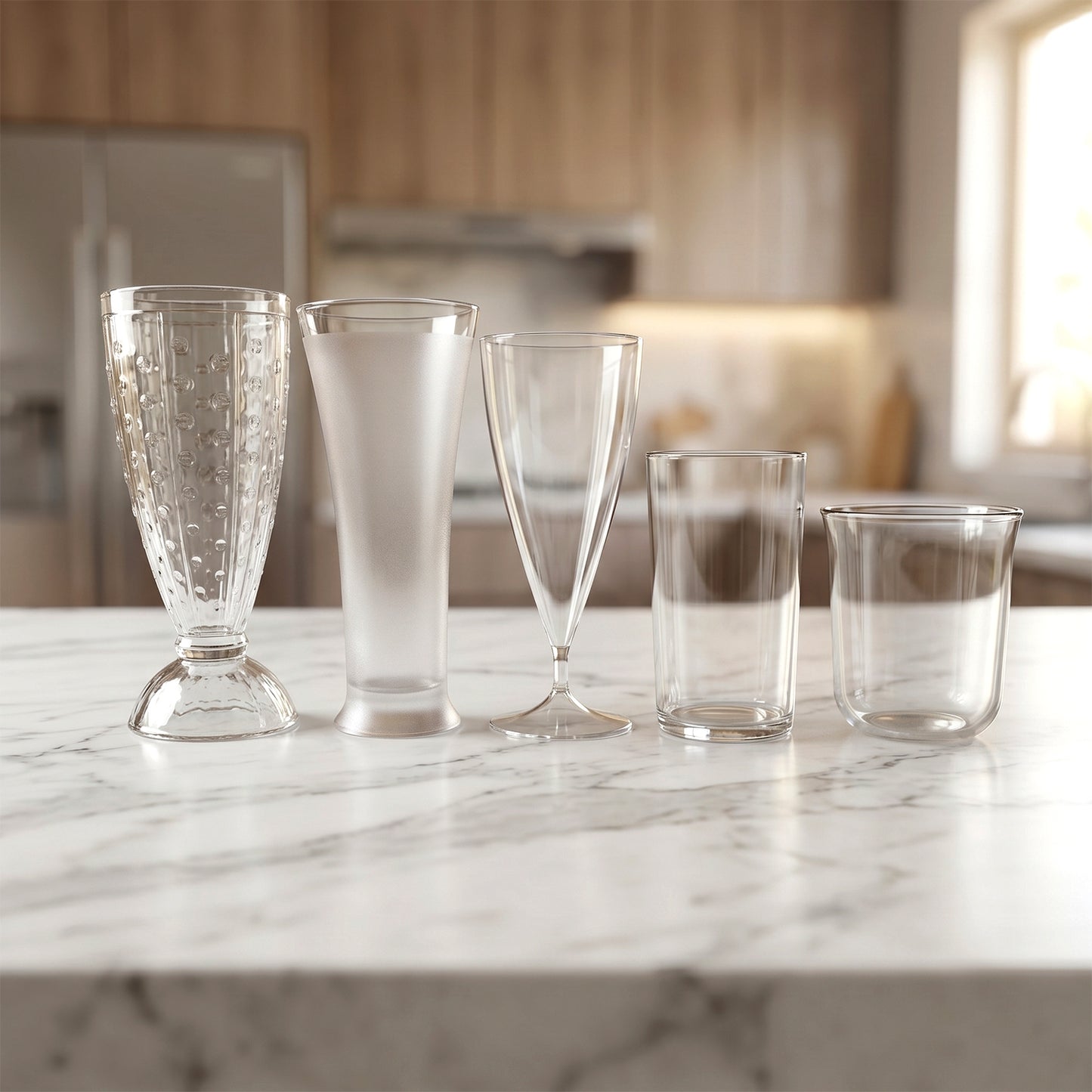 Various angles of unbreakable plastic drinking glass set