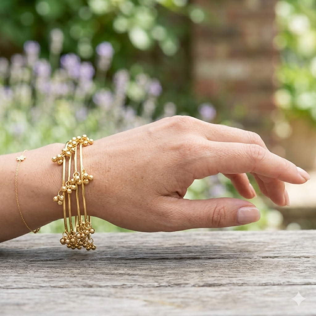 Set of gold-toned Kashmiri bangles with cultural patterns