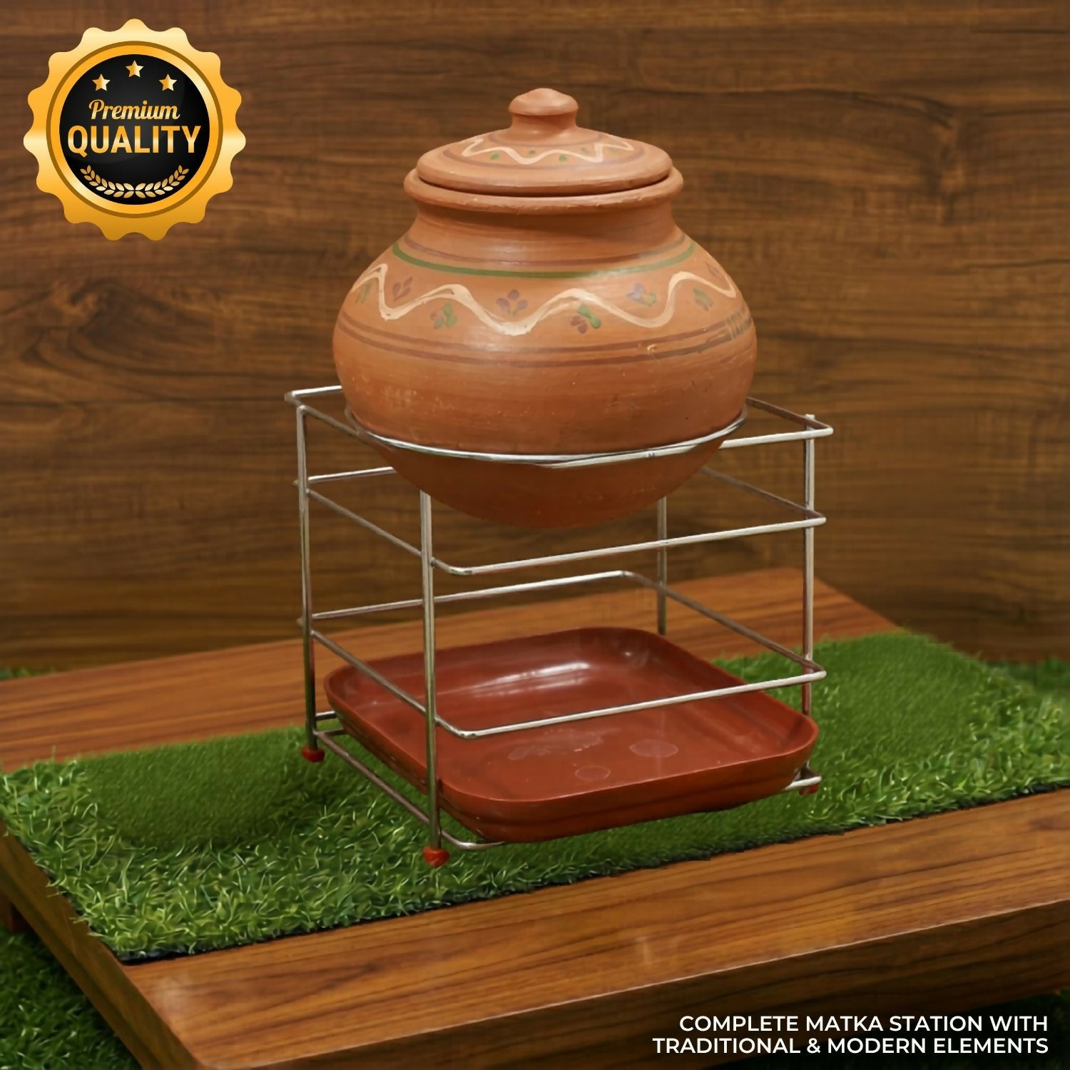 Stainless steel matka stand with tray front view