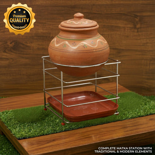 Stainless steel matka stand with tray front view
