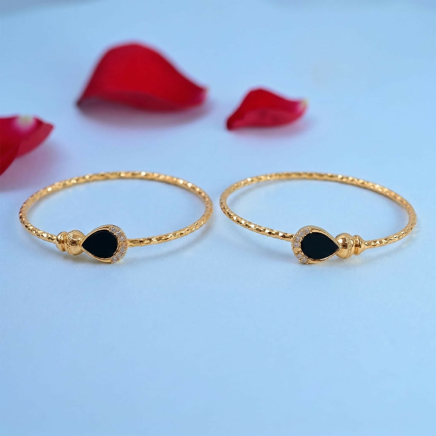 Gold Plated Black Stone Openable Kada Bracelet Pair