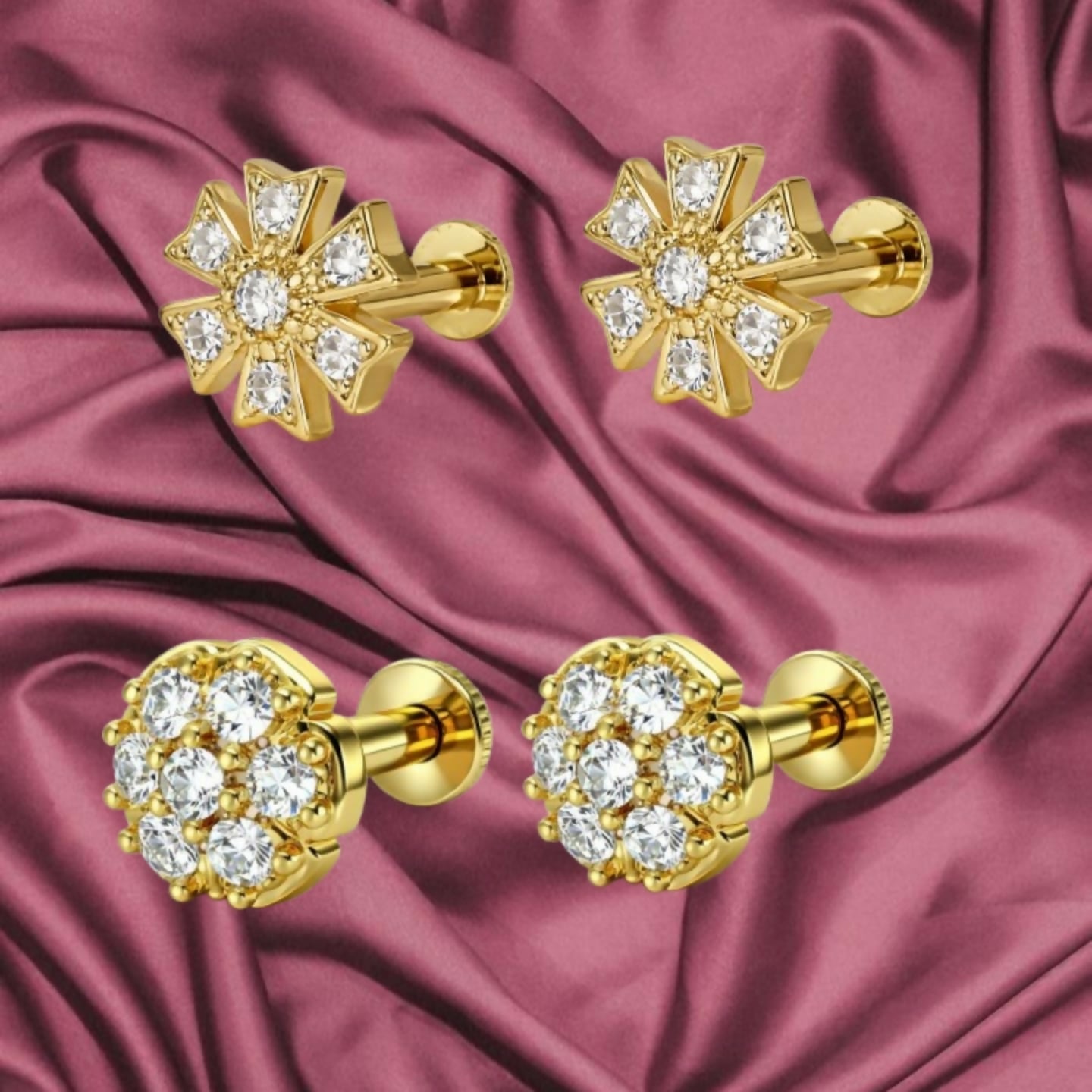 Gold pleated floral cluster stud earring showcasing 6-petal design with sparkling stones