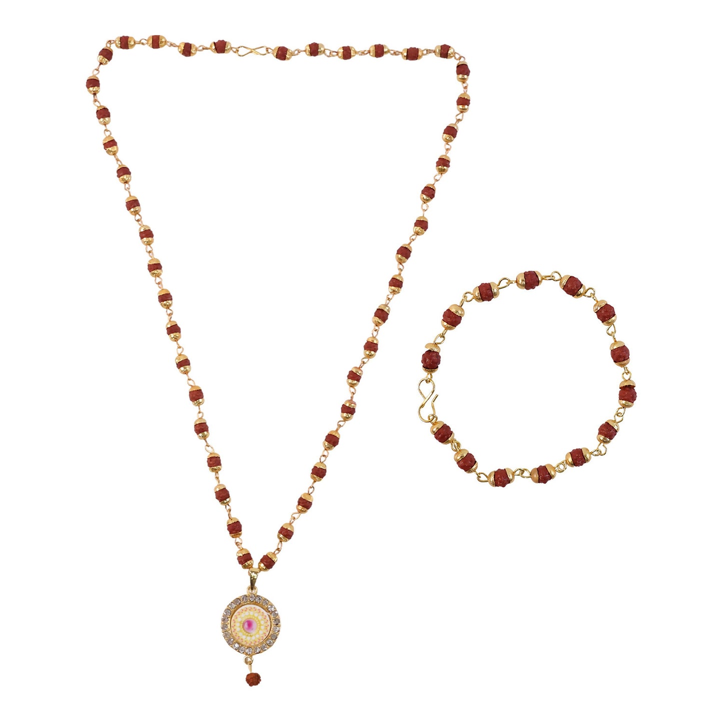 Rudraksha jewelry set displayed on white background