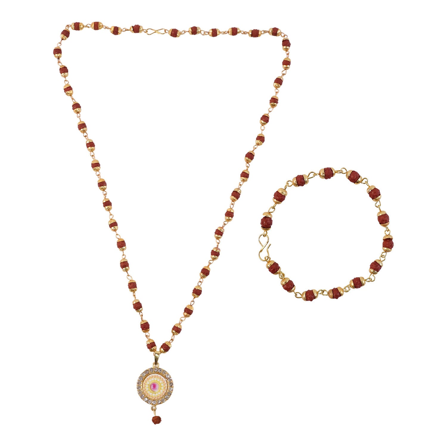 Rudraksha jewelry set displayed on white background
