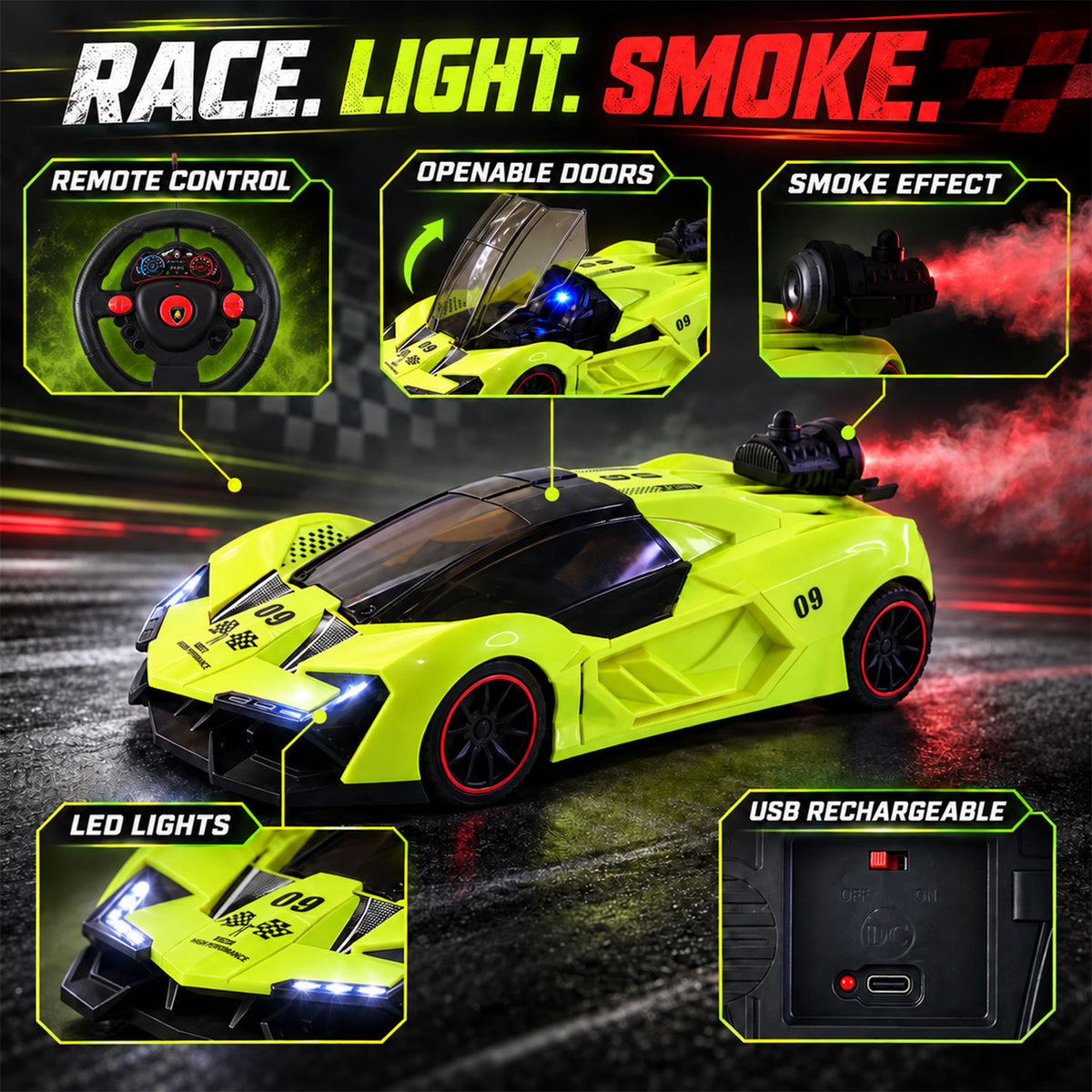 Remote Control Racing Car Toy with Water Spray Effect and LED Lights (1 Pc Set)