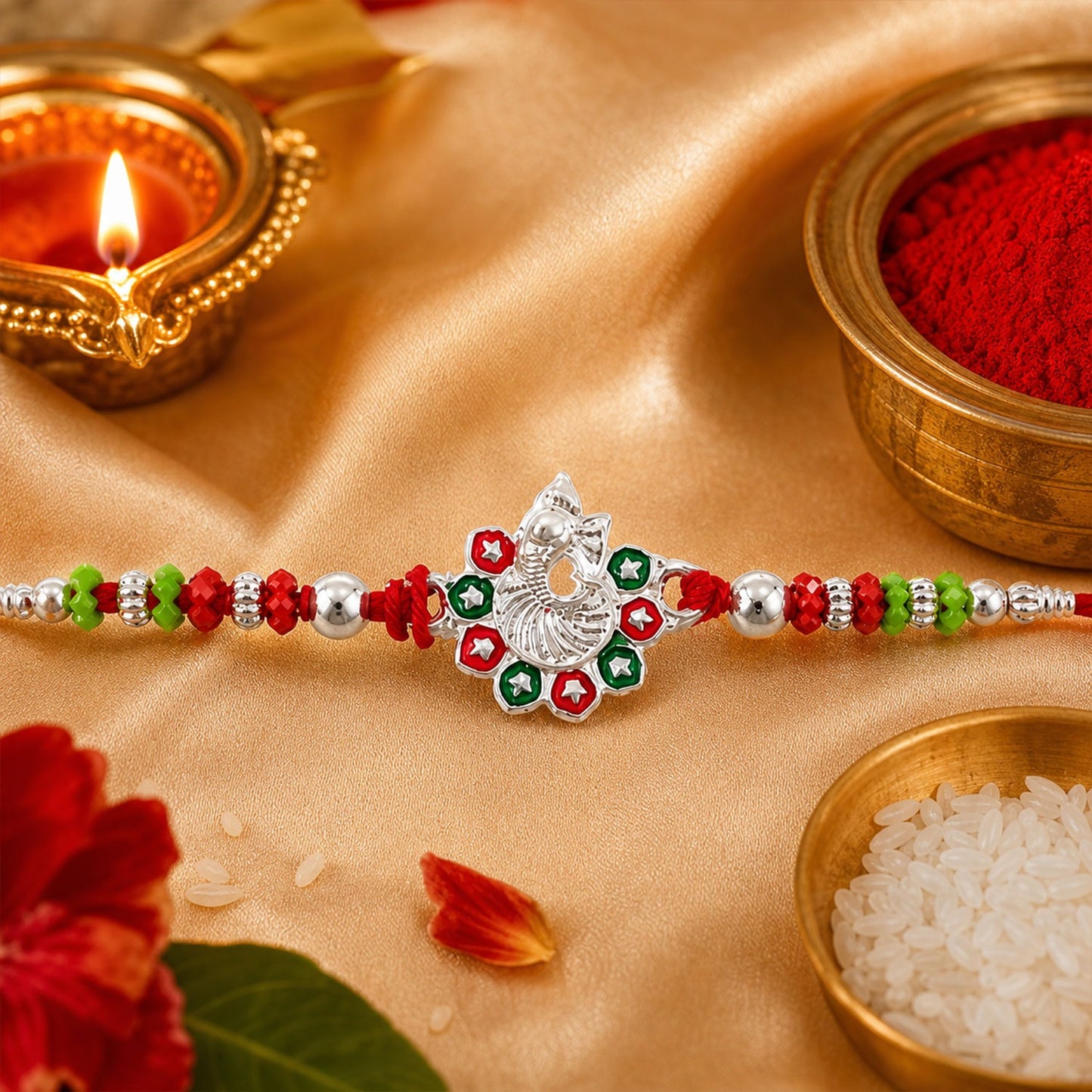 A silver Ganesha charm with red and green enamel accents is centered on a red thread with silver, red, and green beads,