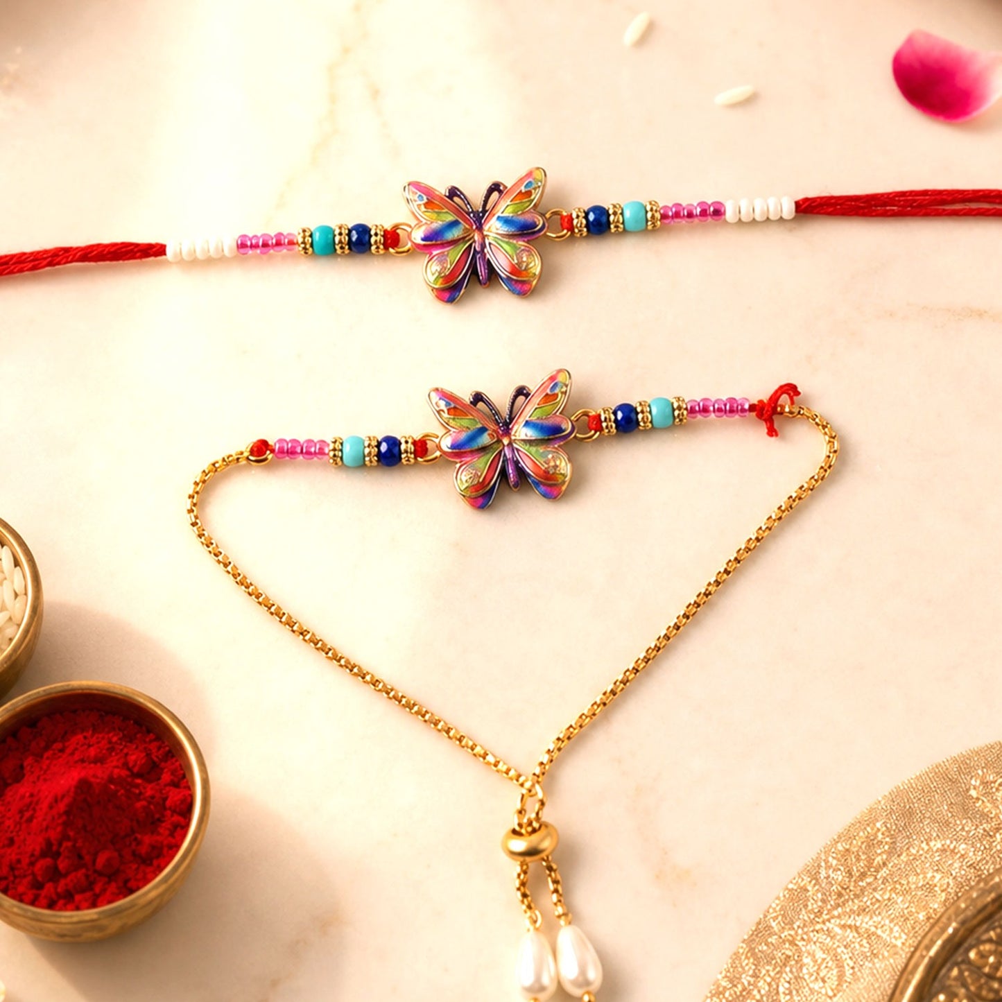 Premium Rainbow Butterfly lumba Rakhi, Elegant Beads & Soft Thread