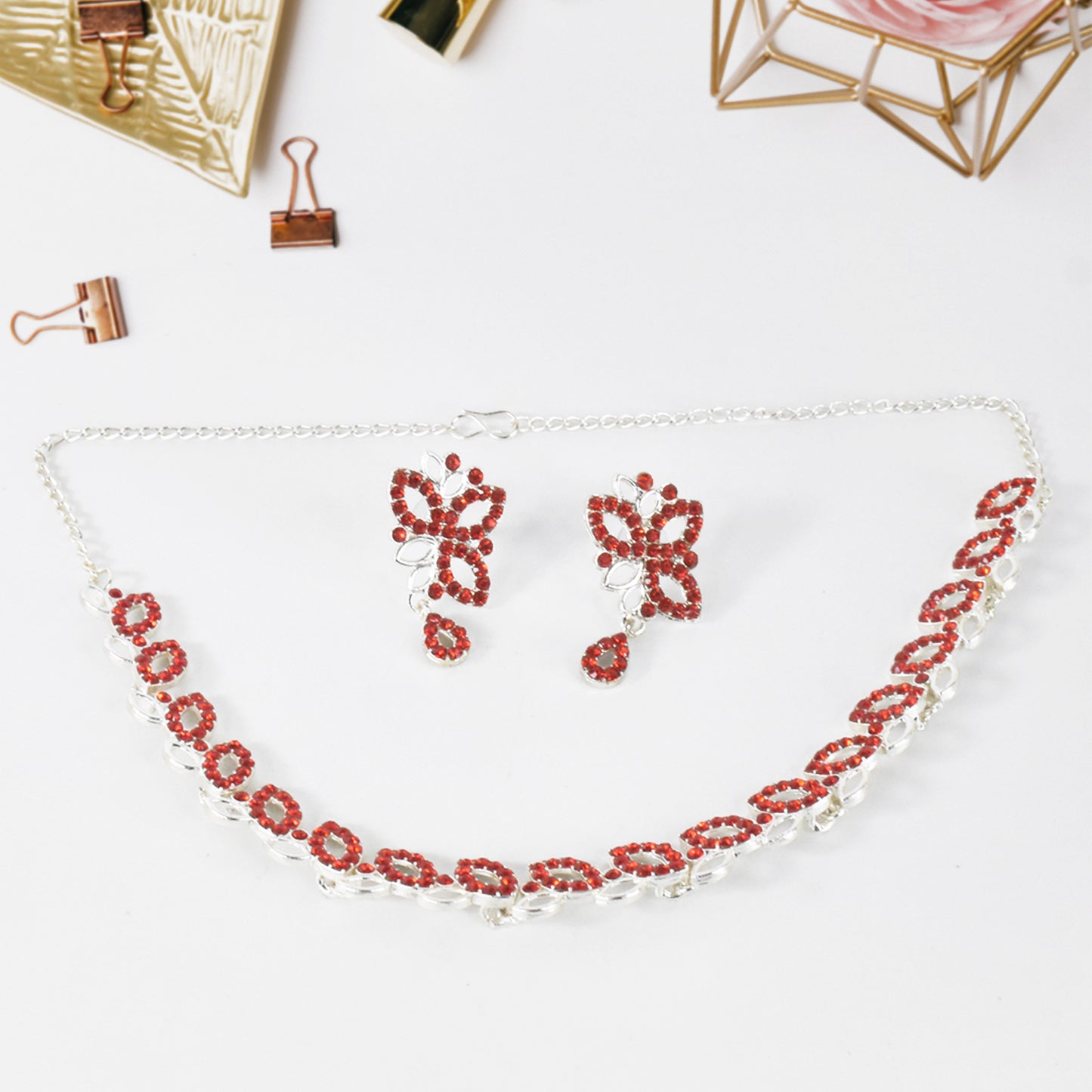 American Diamond Studded Floral Shaped Necklace With Earrings